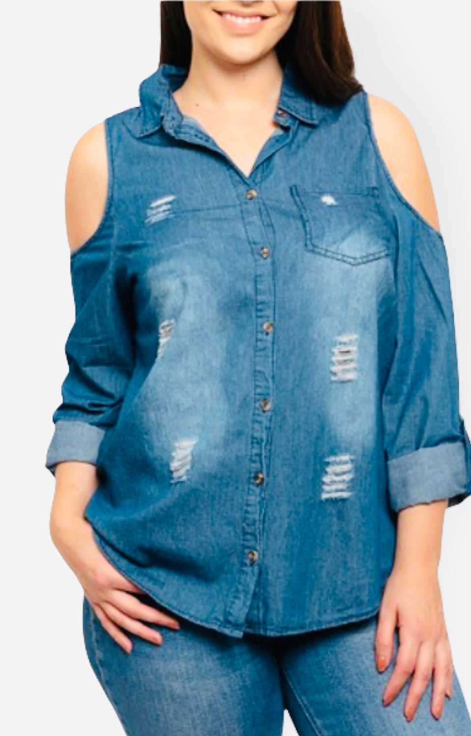 COLD SHOULDER DENIM TOP-CURVY