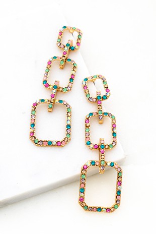 MULTI COLORED RHINESTONE GOLD PAVED LINKED HOOP EARRINGS