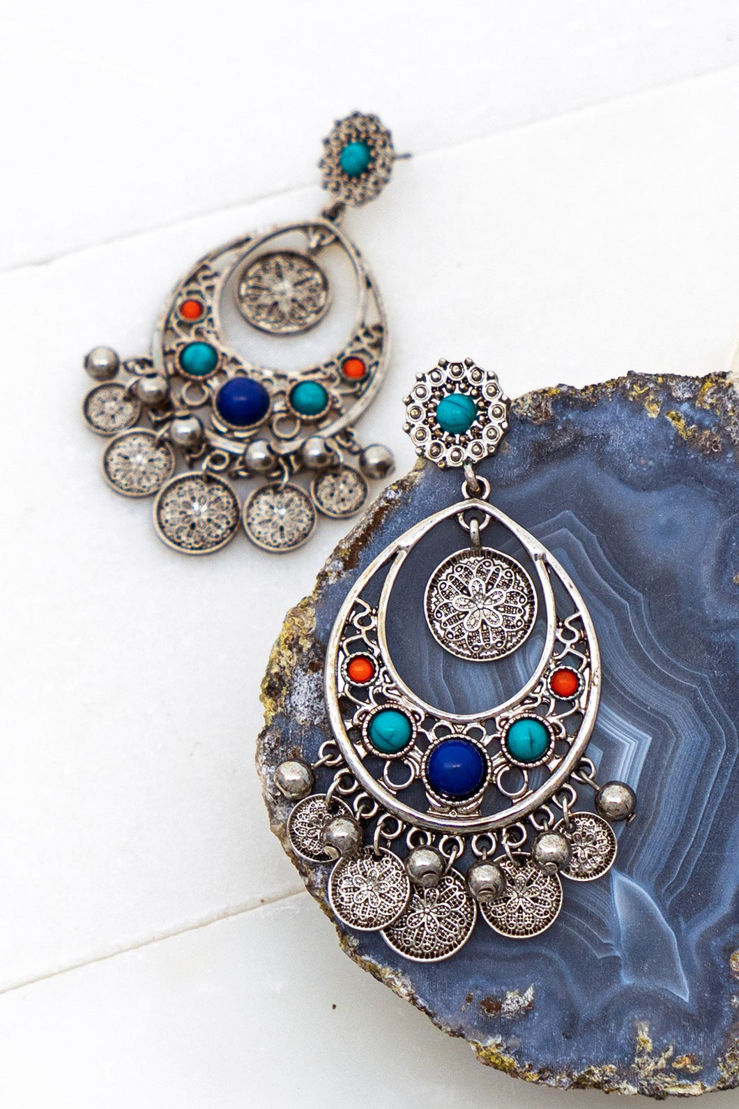 BOHO STATEMENT EARRINGS W/STONES AND COIN DROPS